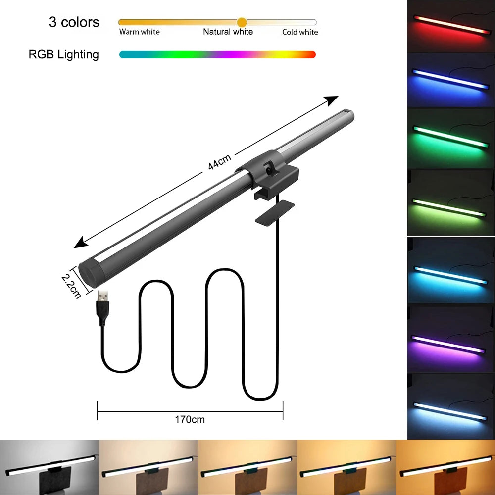 RGB LED Monitor Light Bar Stepless Dimmable Eye Protection Screen Hanging Lamp for PC Laptop Gaming Work RGB Screen Hanging Lamp